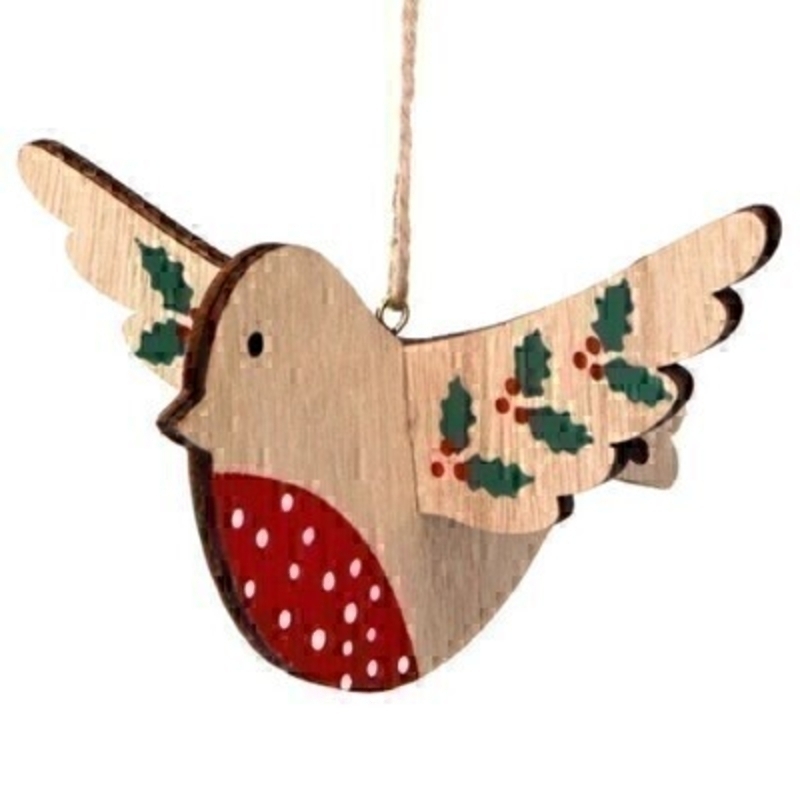 This wooden flying robin decorated with holly Christmas tree hanging decoration is by Gisela Graham. This fesive hanging ornament by Gisela Graham will delight for years to come. It will compliment any Christmas Tree and will bring Christmas cheer to children at Christmas time year after year. Remember Booker Flowers and Gifts for Gisela Graham Christmas Decorations.